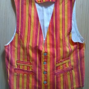 Corniche Vest Mens M V-Nk 2 Frnt Pkts Stripe Org/Yel/Red Hvy Cotton Vtg 80's EUC
